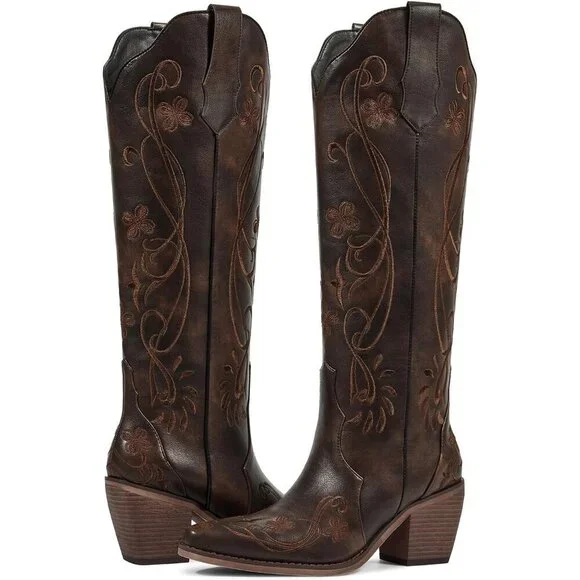 Women Faux Leather Vintage Brown Floral Embroidered Chunky Heel Pointed Toe Boot - Picture 2 of 6